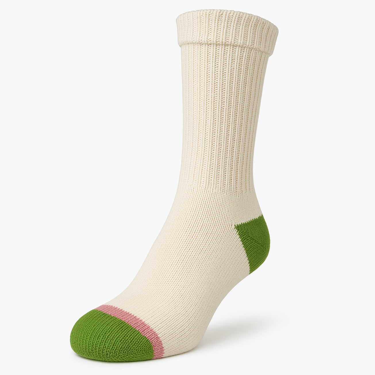 Women's 100% Cotton Crew Socks Natural Color with Green Heel and Toe