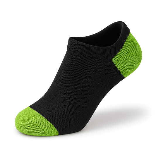 Men's 100% Cotton No Show Ankle Socks Black Color with Green Heel and Toe