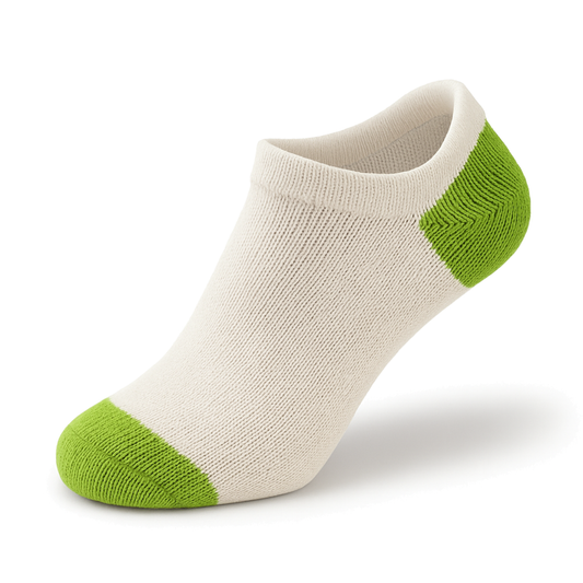 Men's 100% Cotton No Show Ankle Socks Natural Color with Green Heel and Toe