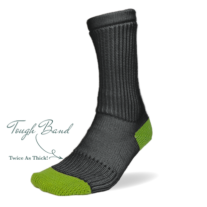 Tough Socks - Crew - Black Color with Green Heel and Toe - Men's - 100% Cotton