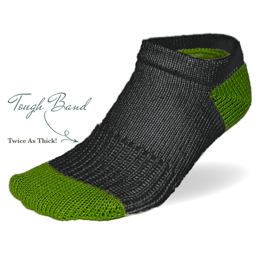 Tough Socks - Low Cut Ankle - Black Color with Green Heel and Toe - Men's - 100% Cotton