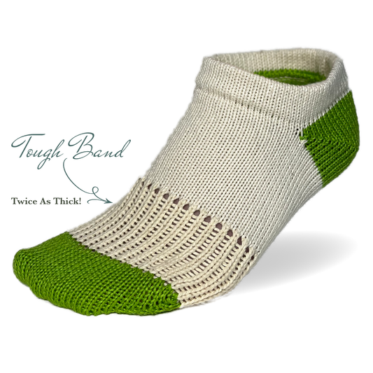 Tough Socks - Low Cut Ankle - Natural Color with Green Heel and Toe - Men's - 100% Cotton