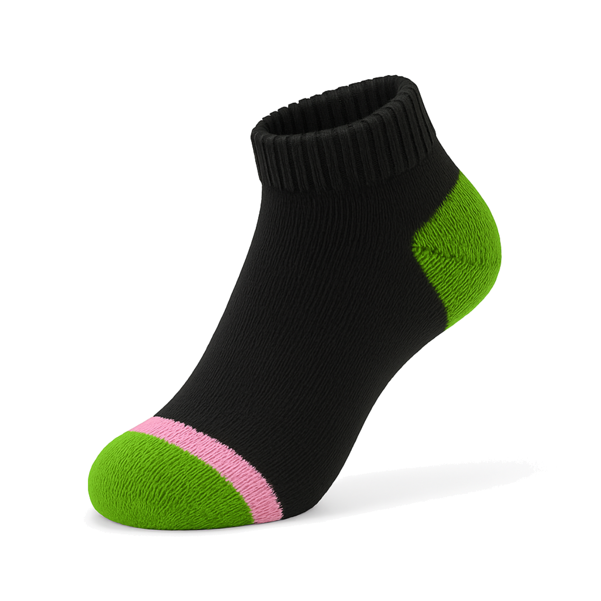 Women's 100% Cotton Regular Ankle Socks Black Color with Green Heel and Toe