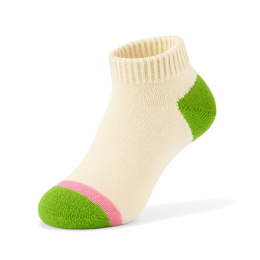 Women's 100% Cotton Regular Ankle Socks Natural Color with Green Heel and Toe
