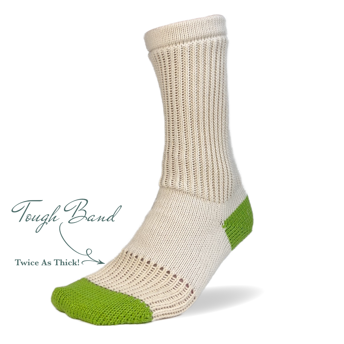 Tough Socks - Crew - Natural Color with Green Heel and Toe - Men's - 100% Cotton