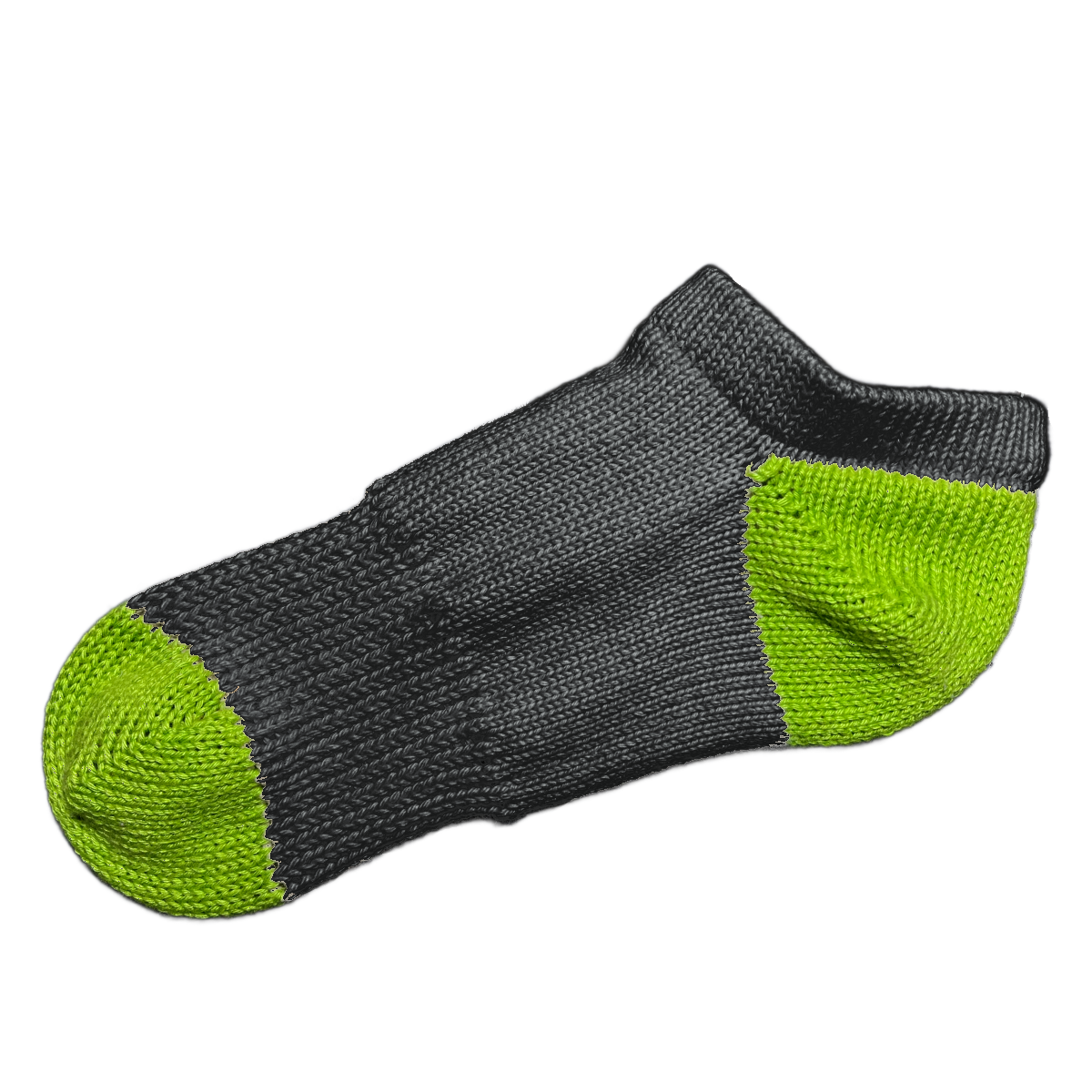 Tough Socks - Low Cut Ankle - Black Color with Green Heel and Toe - Men's - 100% Cotton