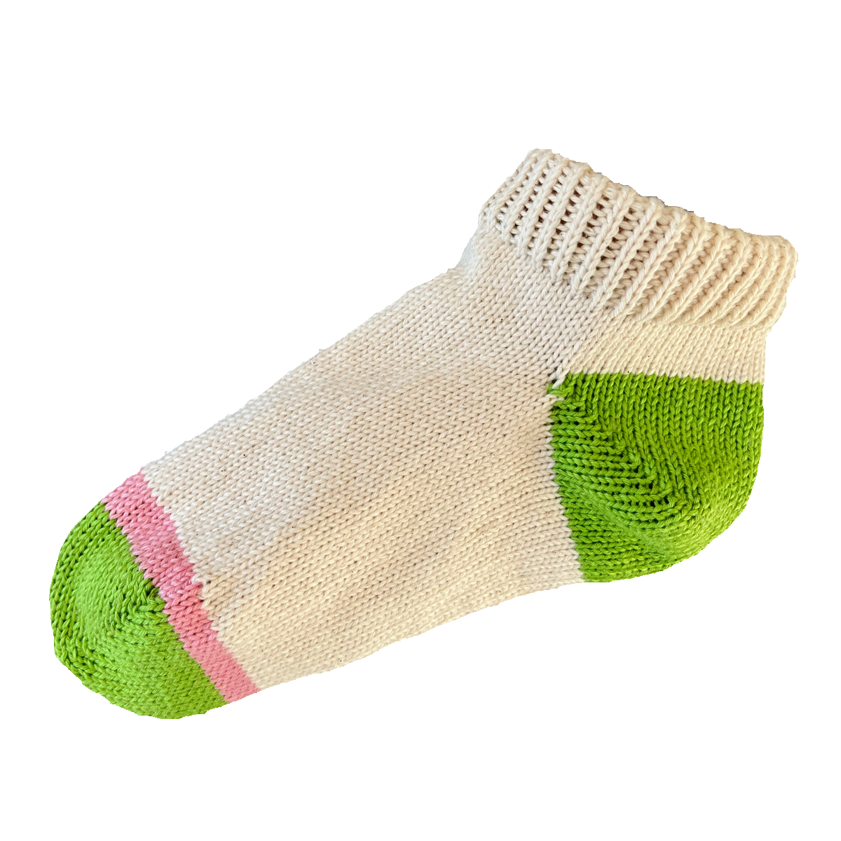 Women's 100% Cotton Regular Ankle Socks Natural Color with Green Heel and Toe