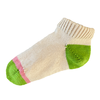 Women's 100% Cotton Regular Ankle Socks Natural Color with Green Heel and Toe